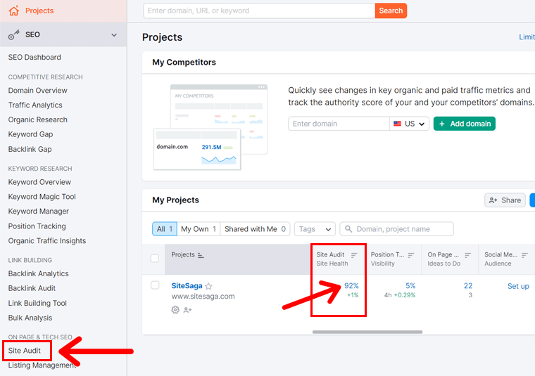 Semrush Projects and Site Audit Tool