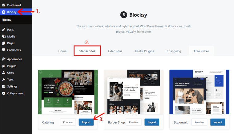 Explore Starter Sites and Import - Blocksy Theme Review