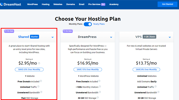 DreamHost Shared Hosting Pricing Plan