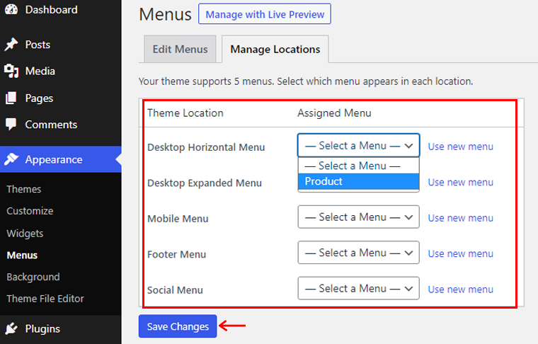 Select the Menu Location and Save Changes