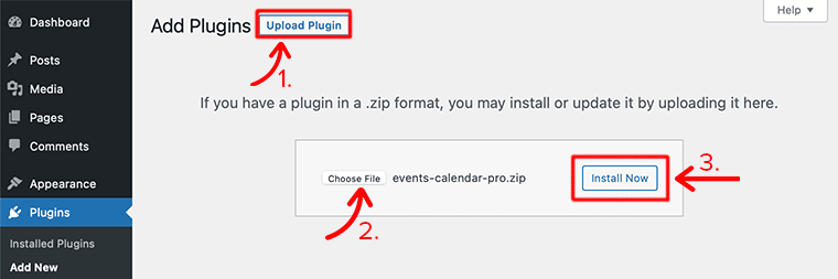 Upload and Install the Events Calendar Pro