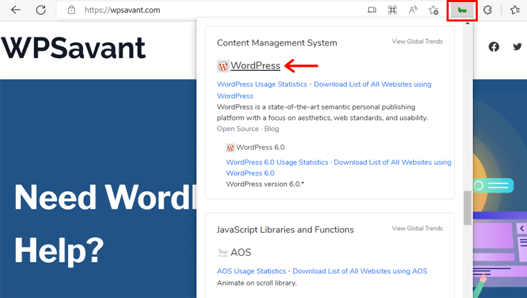 Check if a Website is Built on WordPress with BuiltWith Extension