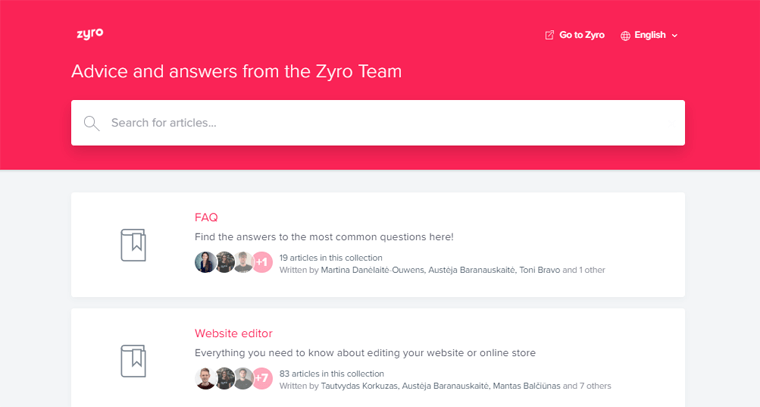 Customer Support in Zyro 