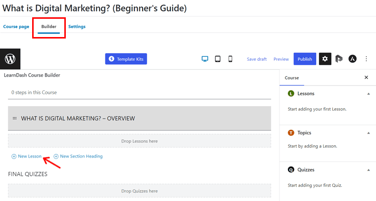 Click Add New Lesson for LearnDash Course