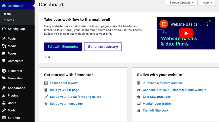 Elementor Hosted WP Dashboard