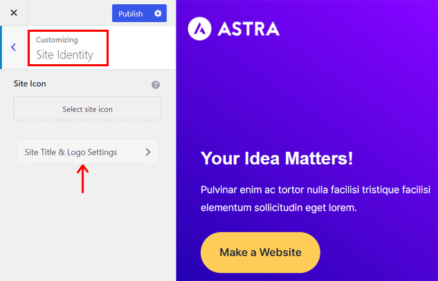 Astra Site Title and Logo Settings