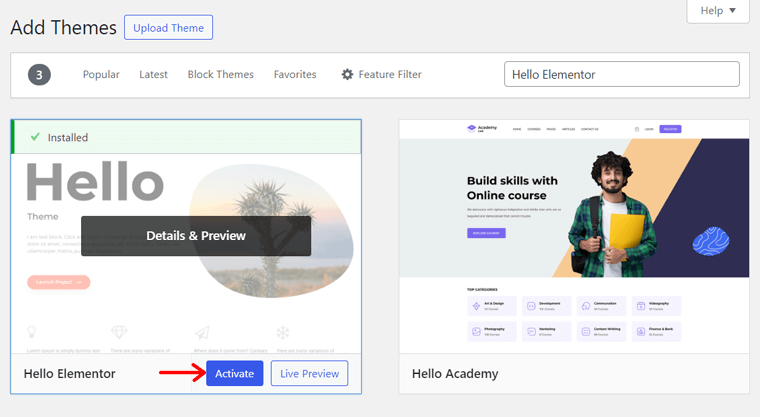 Activation of the Hello Theme