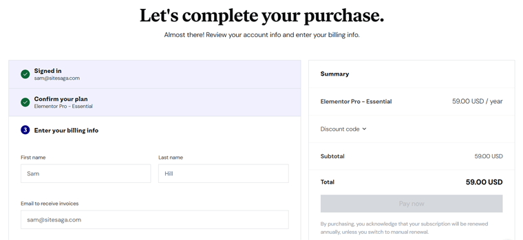 Elementor Pro Purchase Process