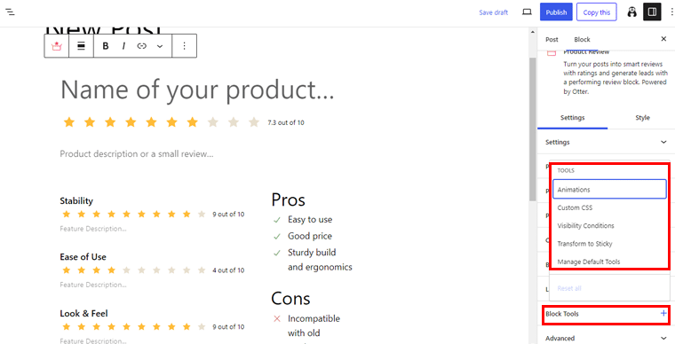 Block Tools Option Of Product Review Blocks