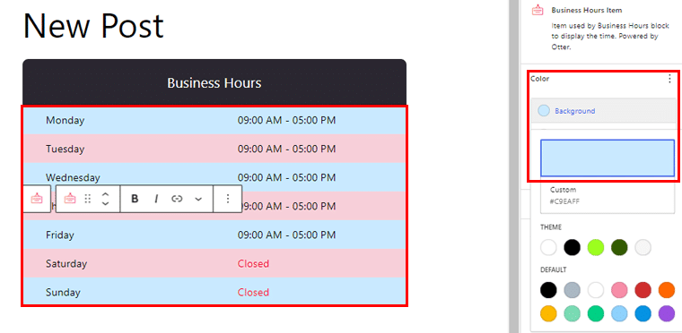 Changing Color Of Business Hour Block