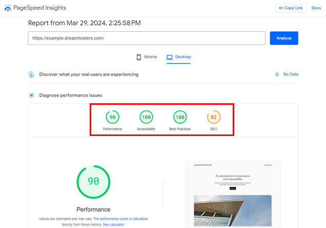 DreamHost PageSpeed Insights